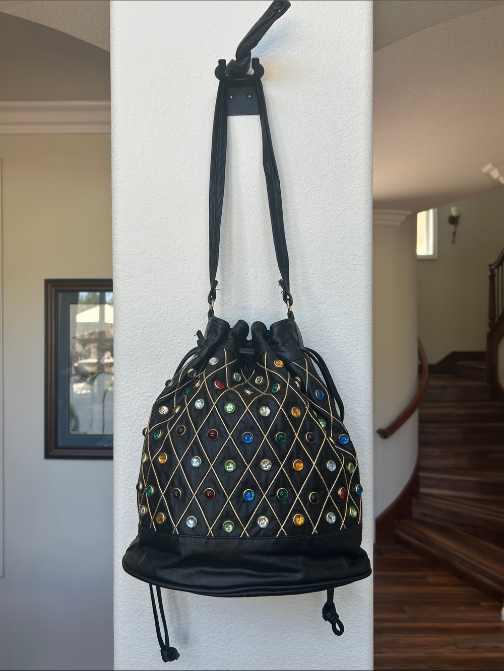 Black Drawstring Shoulder Bucket Bag with Multicolor Studs